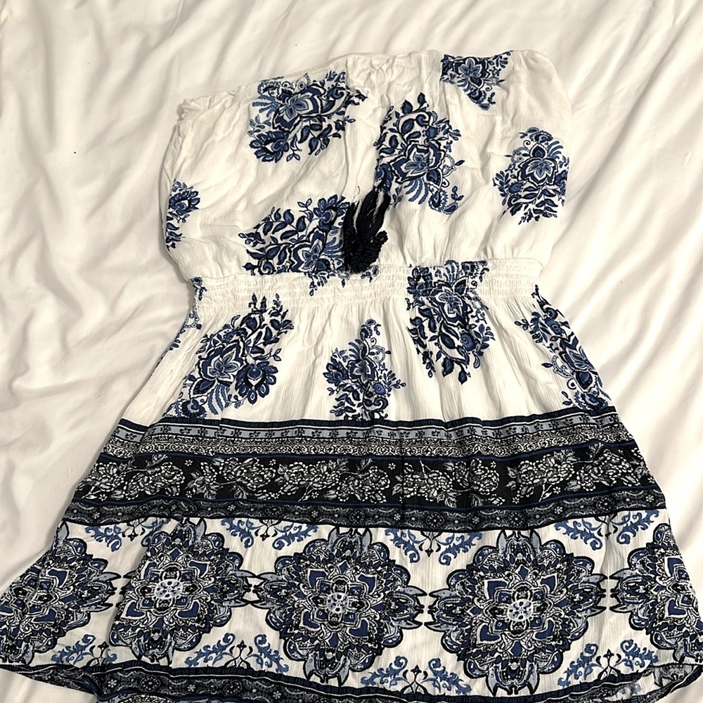 Strapless white and blue dress